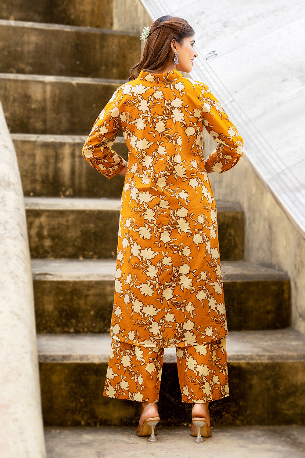 Mustard Floral Vine Printed  Cotton Kurta Set