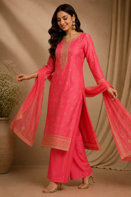 Peach Woven And Embroidered Silk Suit