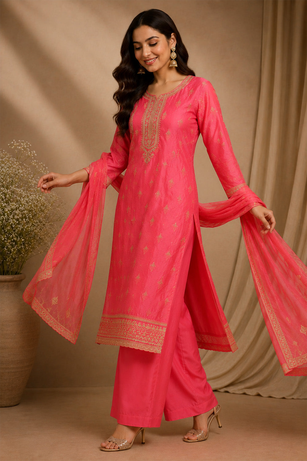 Peach Woven And Embroidered Silk Suit