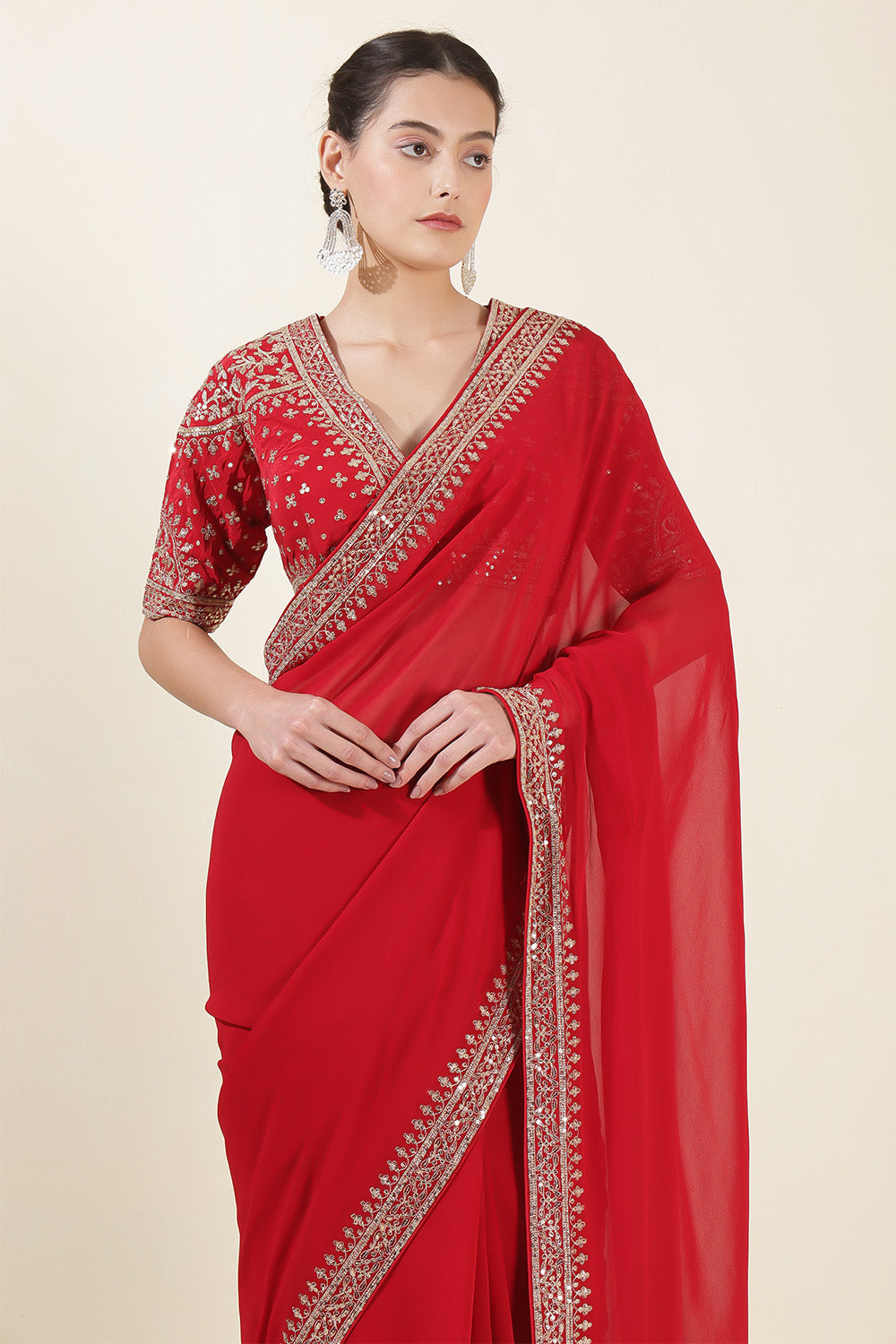 Red Colour Georgette Sequins And Zari Embroidered Saree With Readymade Blouse