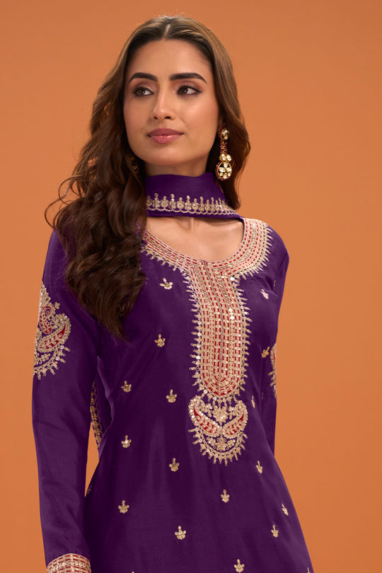 Purple Crepe Silk Zari and Sequins Embroidered Suit With Embroidered Palazzo
