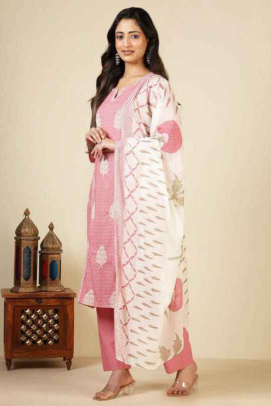 Pink Cotton Emboridered And Printed Suit Set