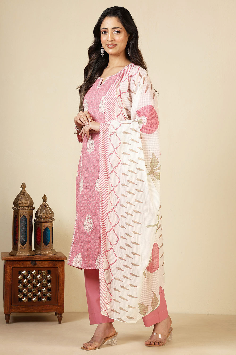 Pink Cotton Emboridered And Printed Suit Set