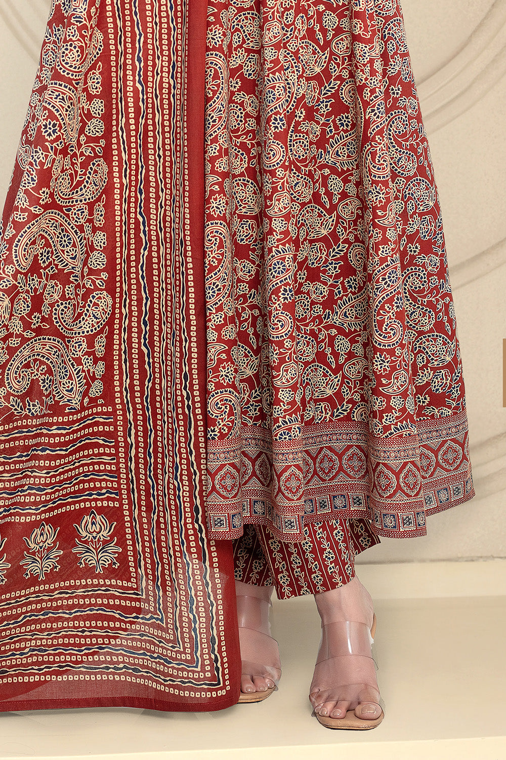 Maroon Cotton Printed Anarkali Suit Set