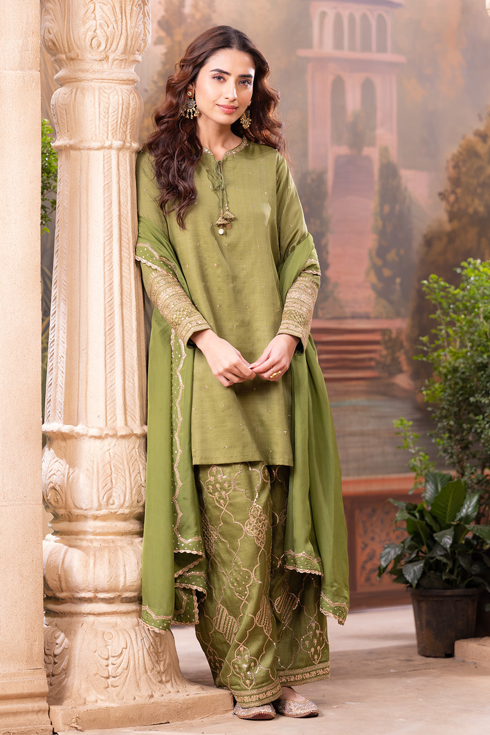 Green Embroidered Suits With Embroidered Pallazo