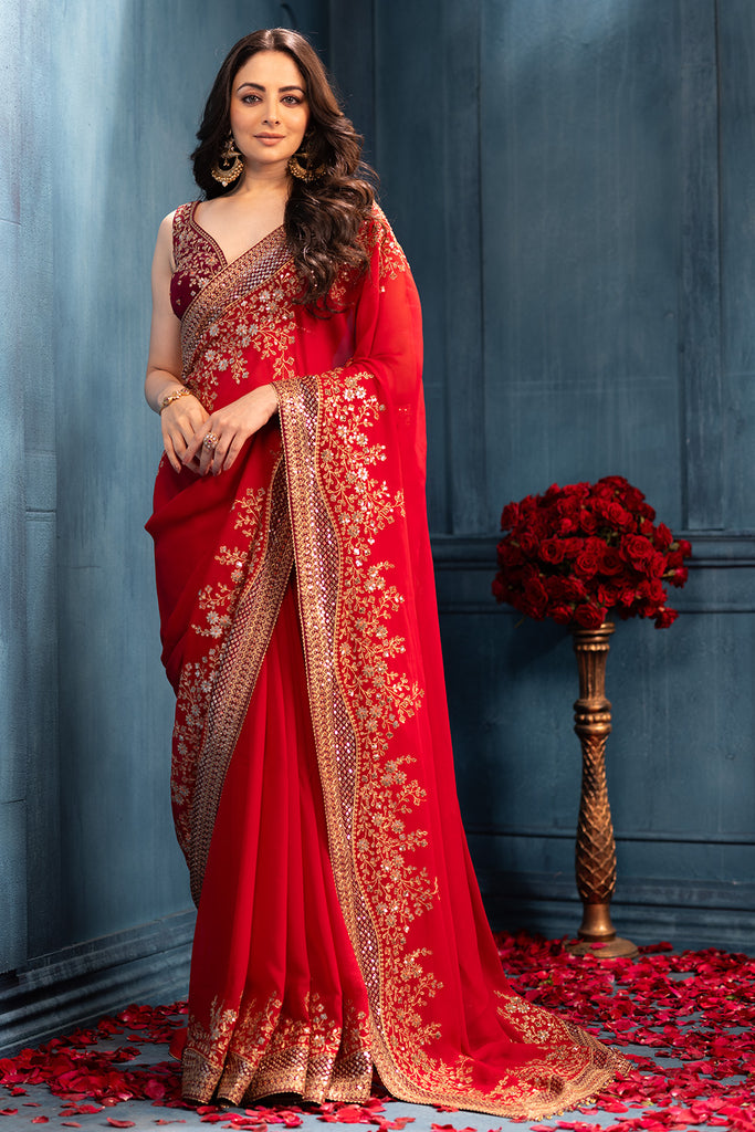 Rubi Red Pure Georgette Sequins Floral Embroidered Saree