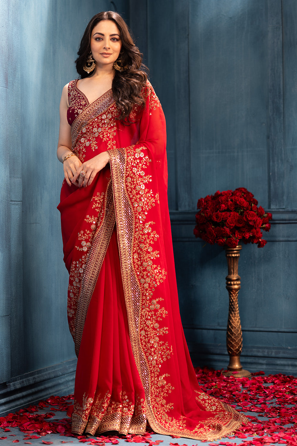 Rubi Red Pure Georgette Sequins Floral Embroidered Saree