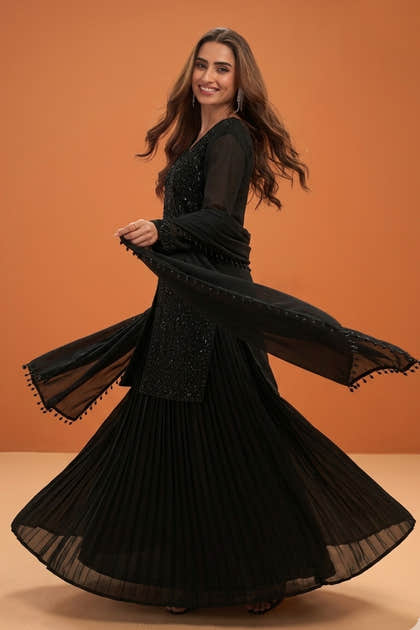 Black Crepe Silk Embroidered Suit With Palazzo