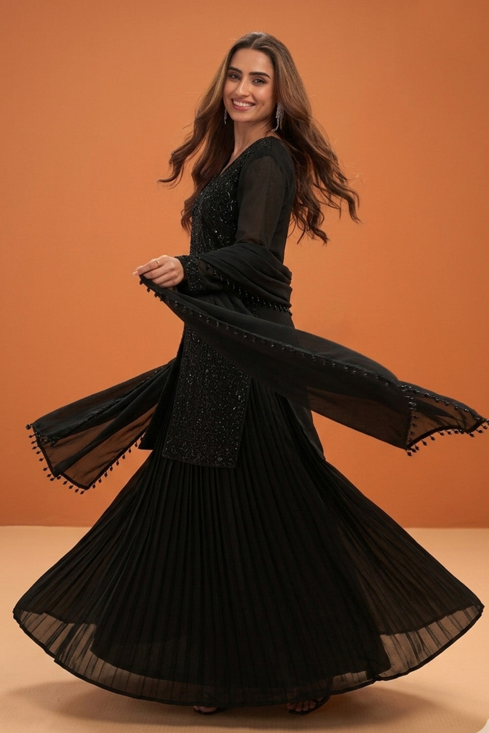 Black Crepe Silk Embroidered Suit With Palazzo