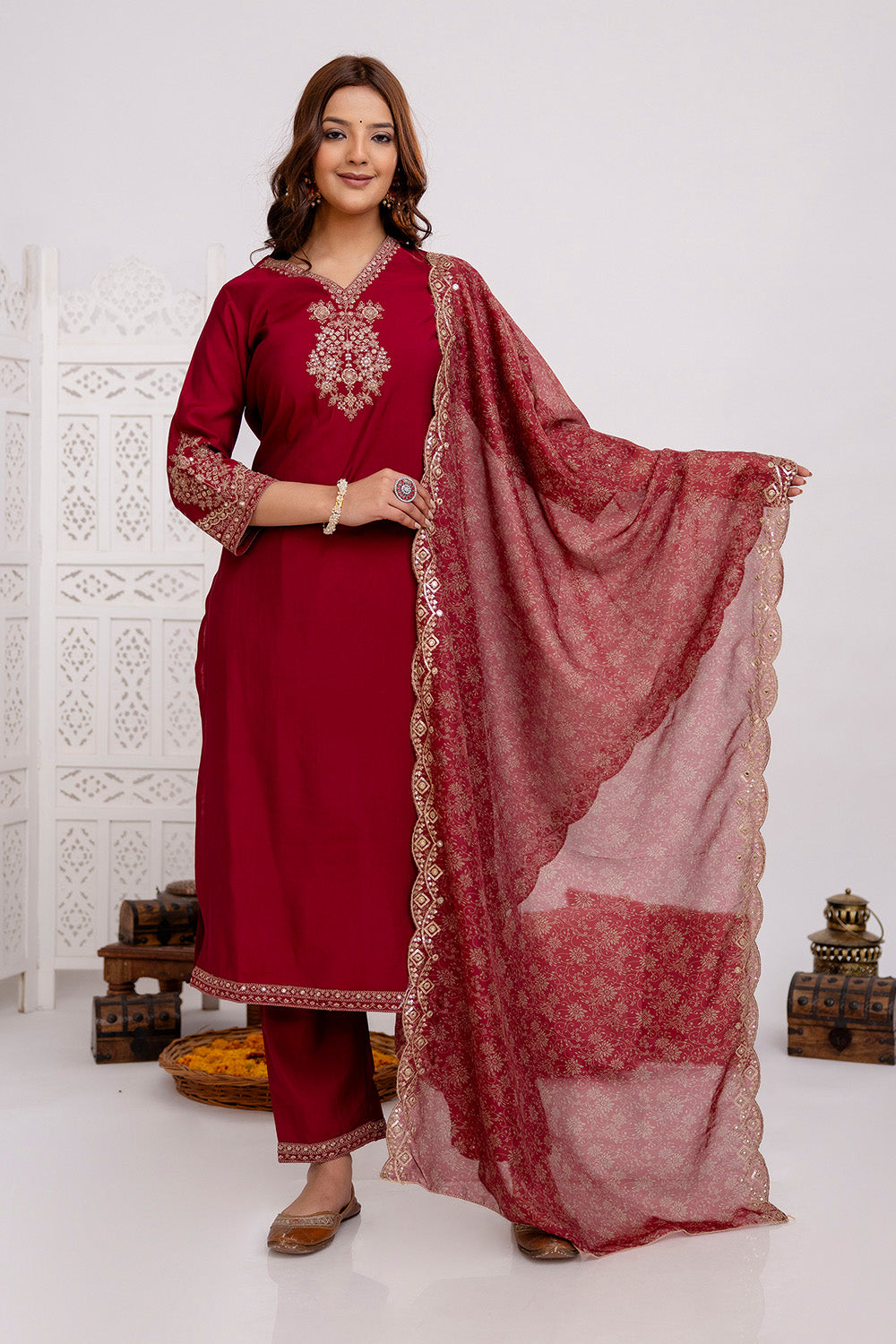 Maroon Color Muslin  Neck Embroidered Suit Set