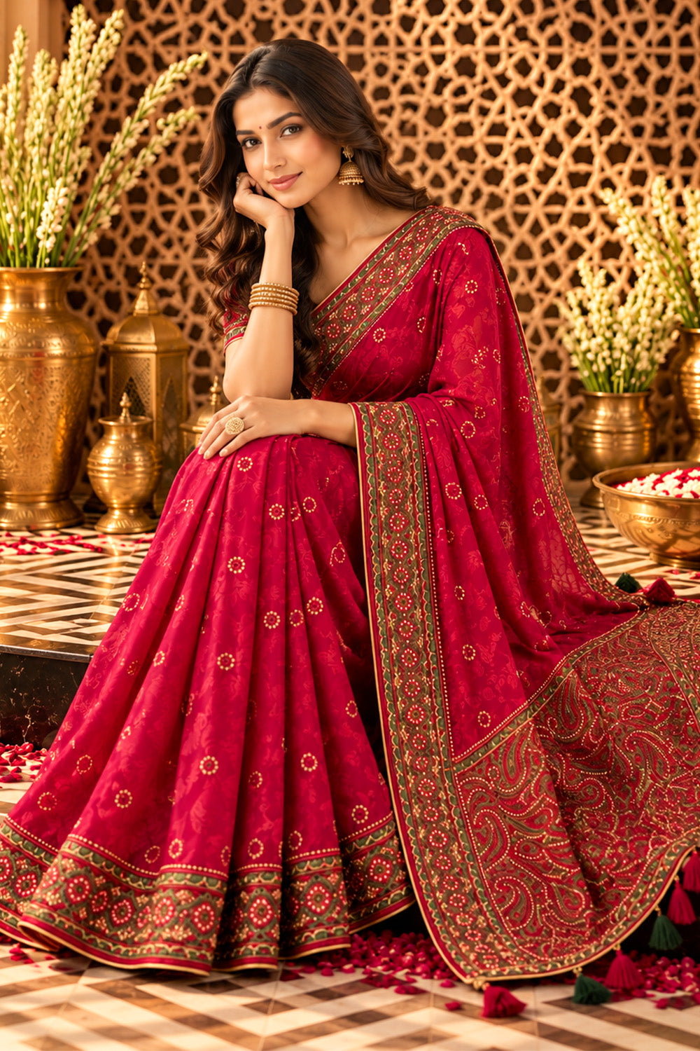 Rani Woven And Embroidered Crepe Saree