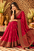 Rani Woven And Embroidered Crepe Saree