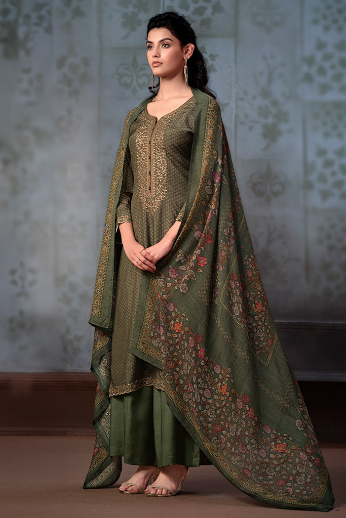 Sage Green Color Printed Pashmina Unstitched Suit Material