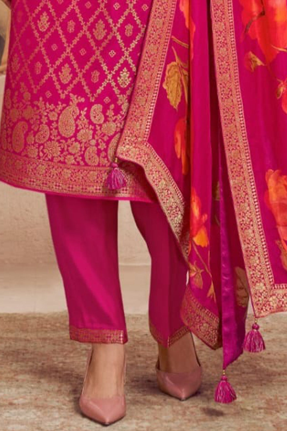 Dark Hot Pink Silk Zari Woven & Embroidered Suit