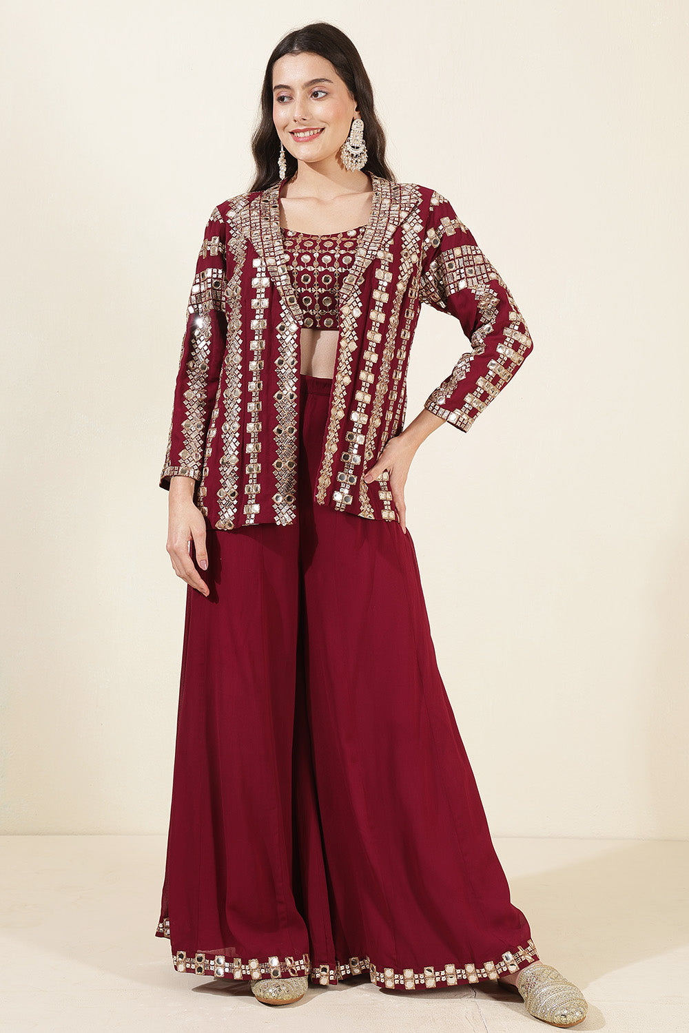 Wine Color Georgette Mirror Work Crop-Top with Jacket and Palazzo