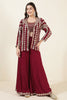 Wine Color Georgette Mirror Work Crop-Top with Jacket and Palazzo