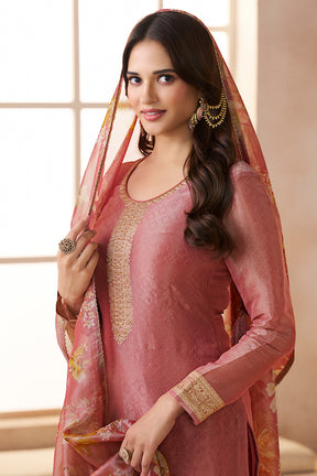 Dusty Peach Metallic Tissue Zari Woven Unstitched Suit Material