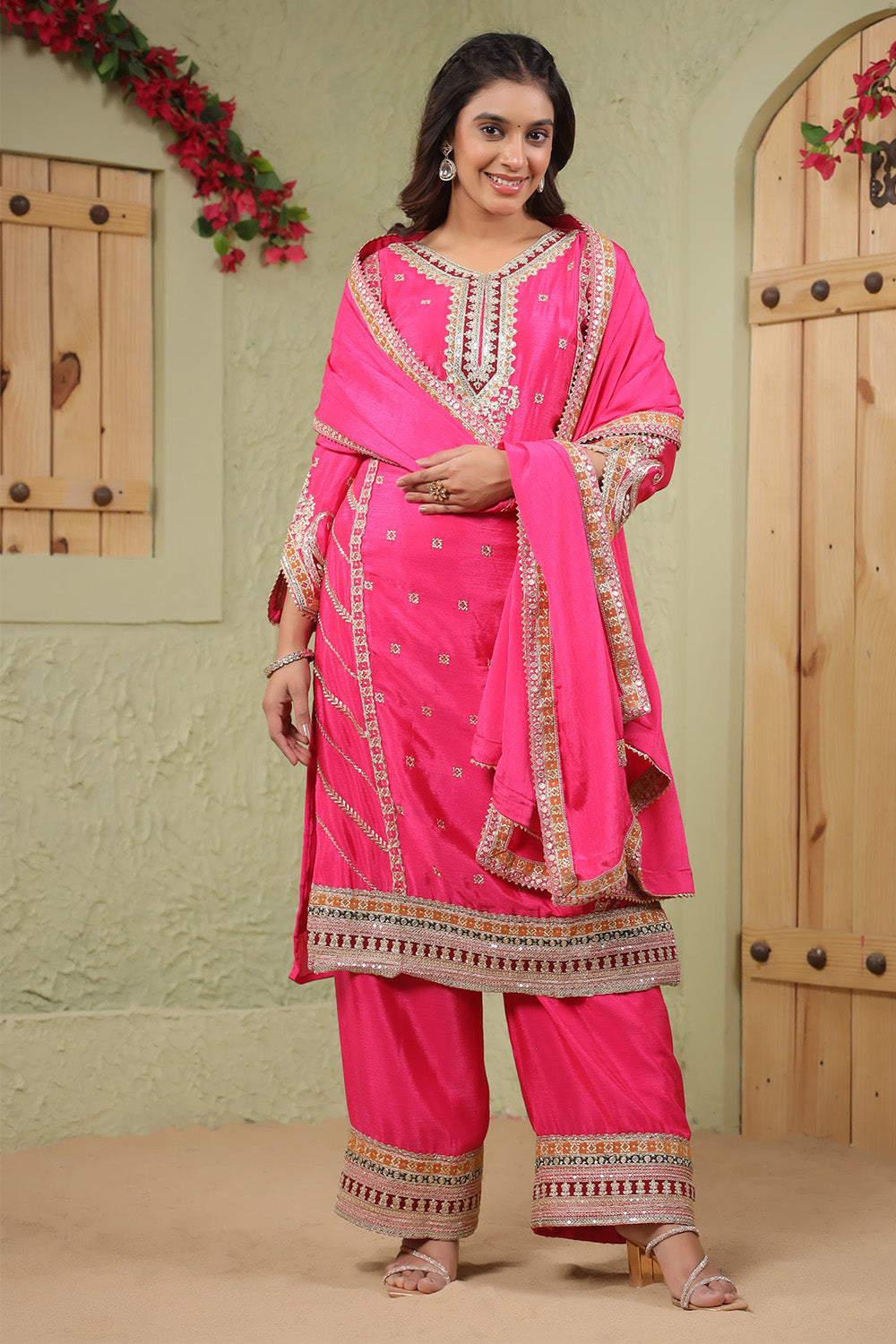 Magenta Crepe Silk Embroidered Straight Suit