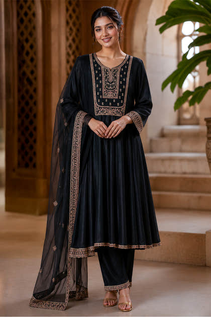 Black Crepe Silk Zari and Sequins Embroidered Anarkali Suit