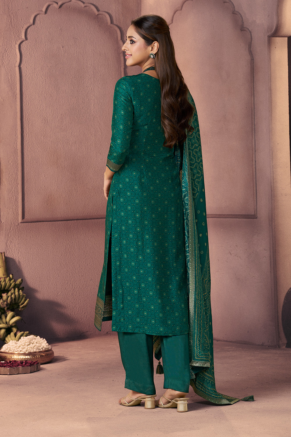 Teal Green Neck-Embroidered And Printed Suit Set