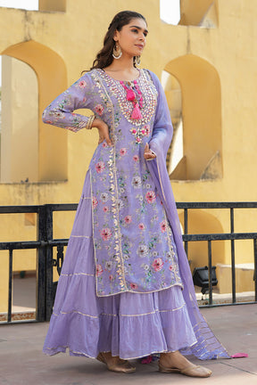 Light Lavender Color Muslin Embroidered & Floral Printed Kurta Set With Stitched Skirt