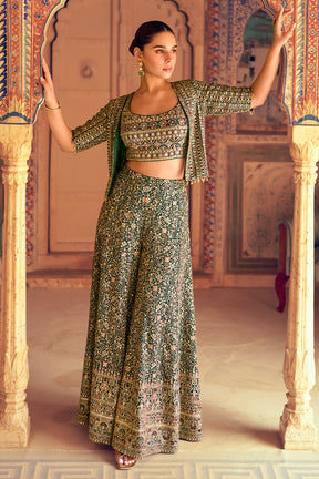 Green Embroidered Crop-Top Palazzo Indo-Western Dress With Embroidered Jacket