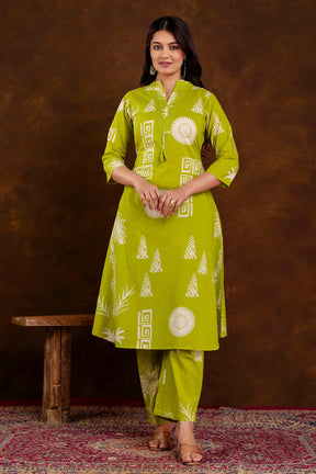 Light Green Block Printed Cotton Printed Kurta Set