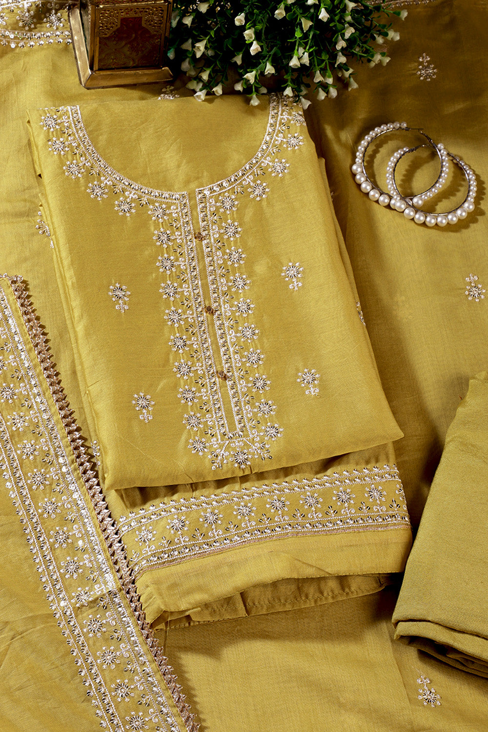 Mindaro Green Chanderi Silk Resham Embroidered Unstitched Suit Material
