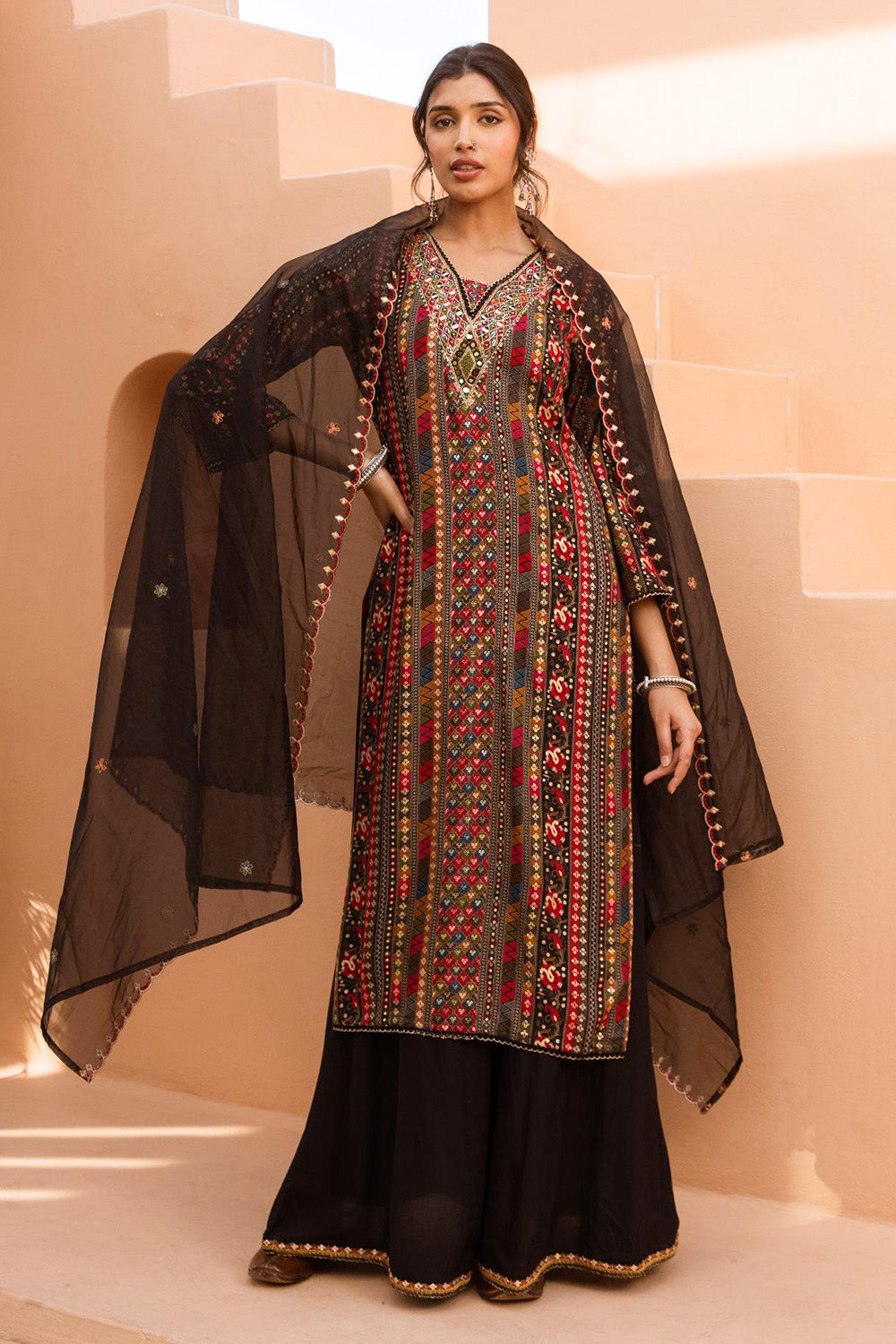 Black Color Rayon Cotton Printed Suit With Palazzo