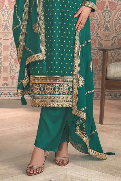 Teal Color Silk Embroidered Unstitched Suit Fabric