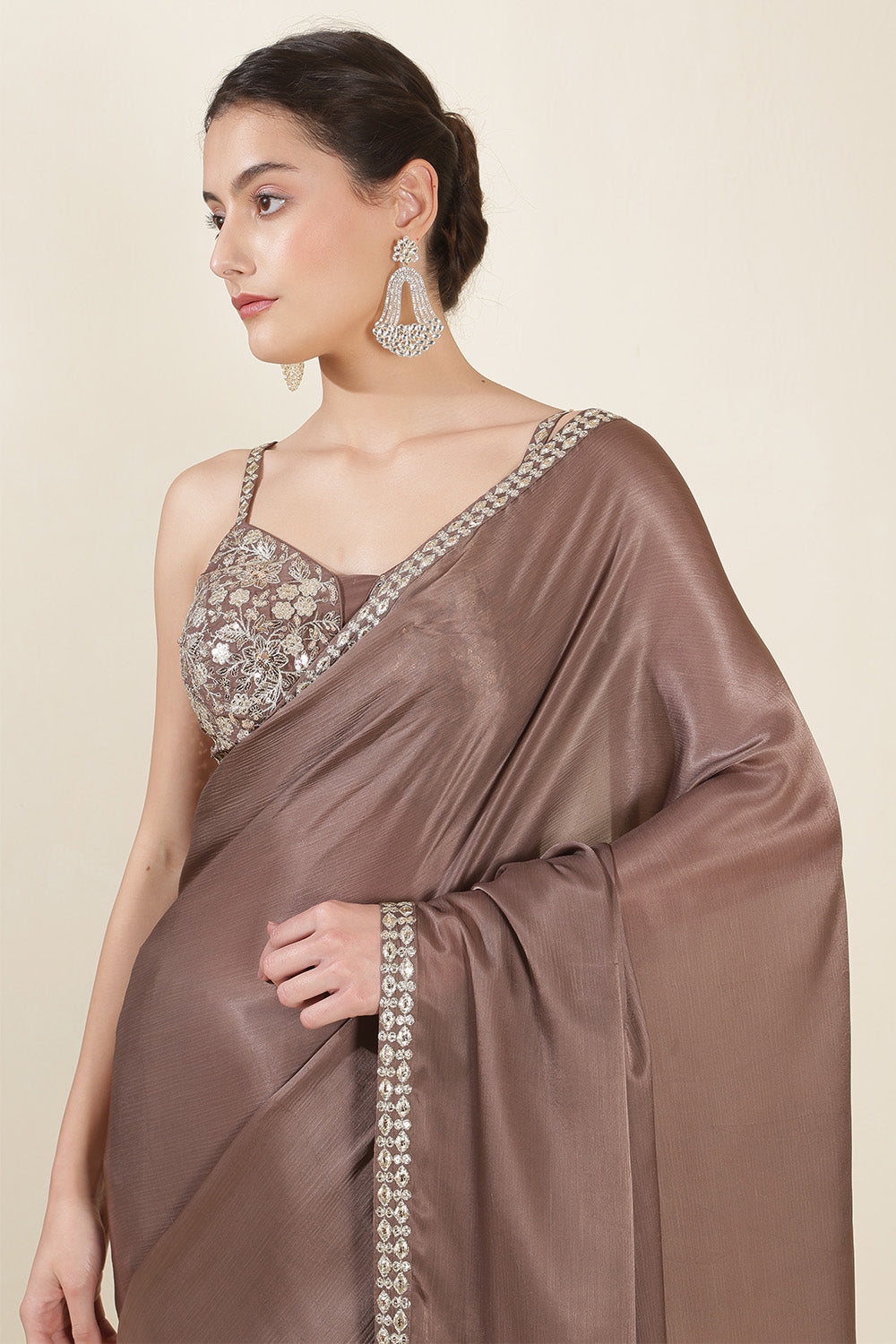 Pastel Brown Color Crepe Silk Sequins &amp; Zari Embroidered Saree with Readymade Blouse