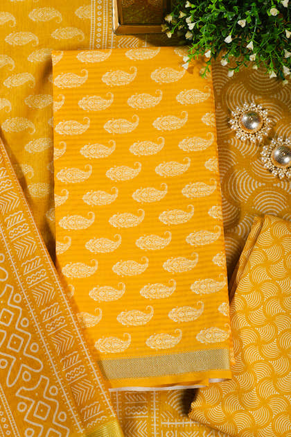 Mustard Cotton Boota Block Print Unstitched Suit Fabric