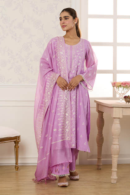 Mauve Mul Chanderi Resham Embroidered Unstitched Suit Material