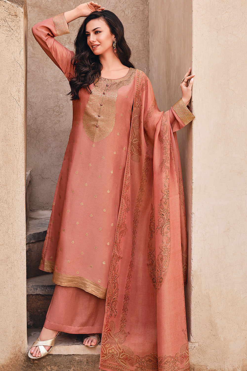 Coral Color Crepe Silk Woven Unstitched Suit Fabric
