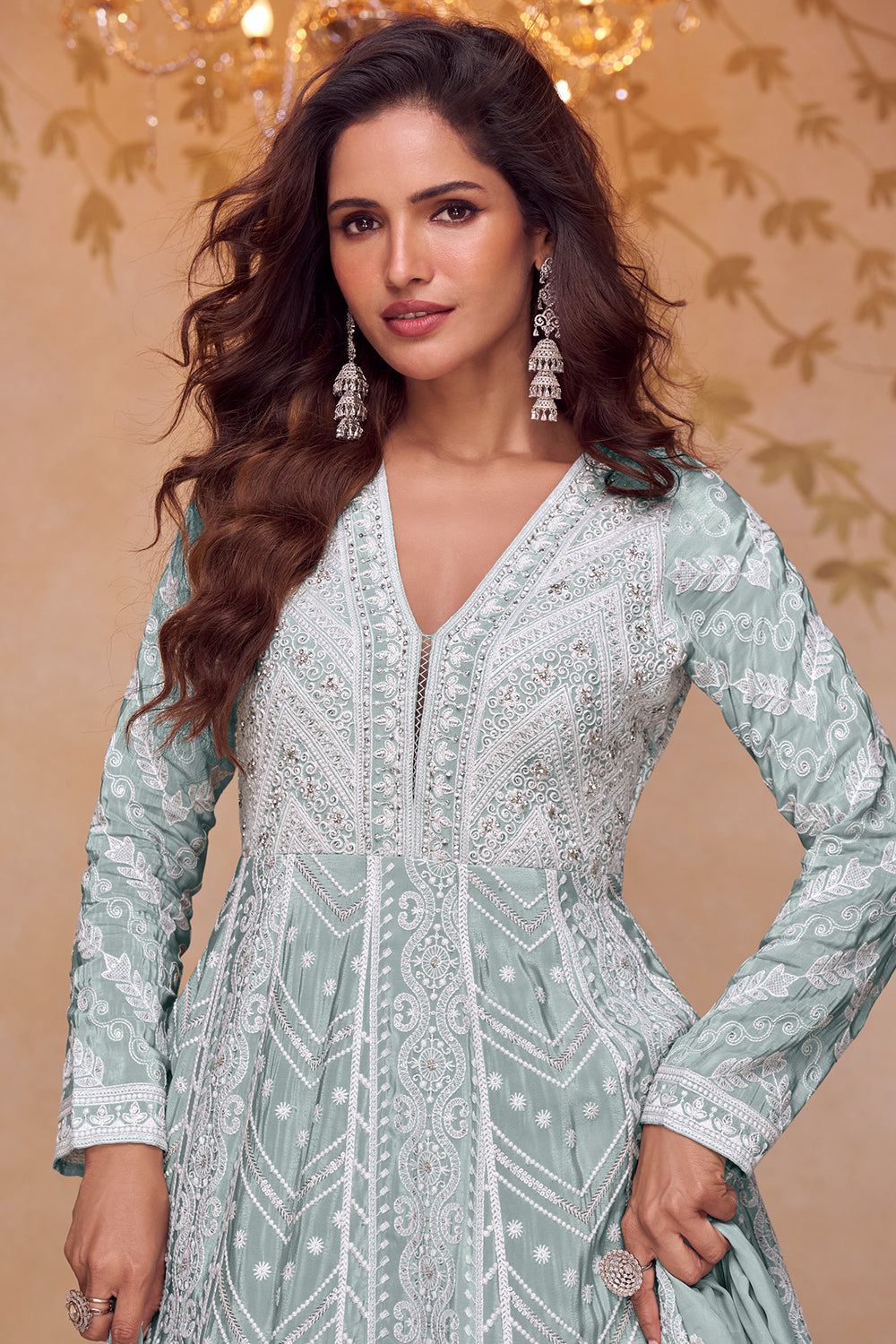 Sea Green Crepe Silk Resham Embroidered Anarkali Suit