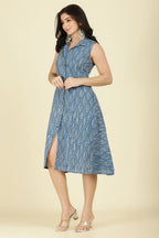 Indigo Cotton Block Printed Peonies Dress