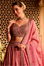 Pink Tissue Silk Embroidered Lehanga