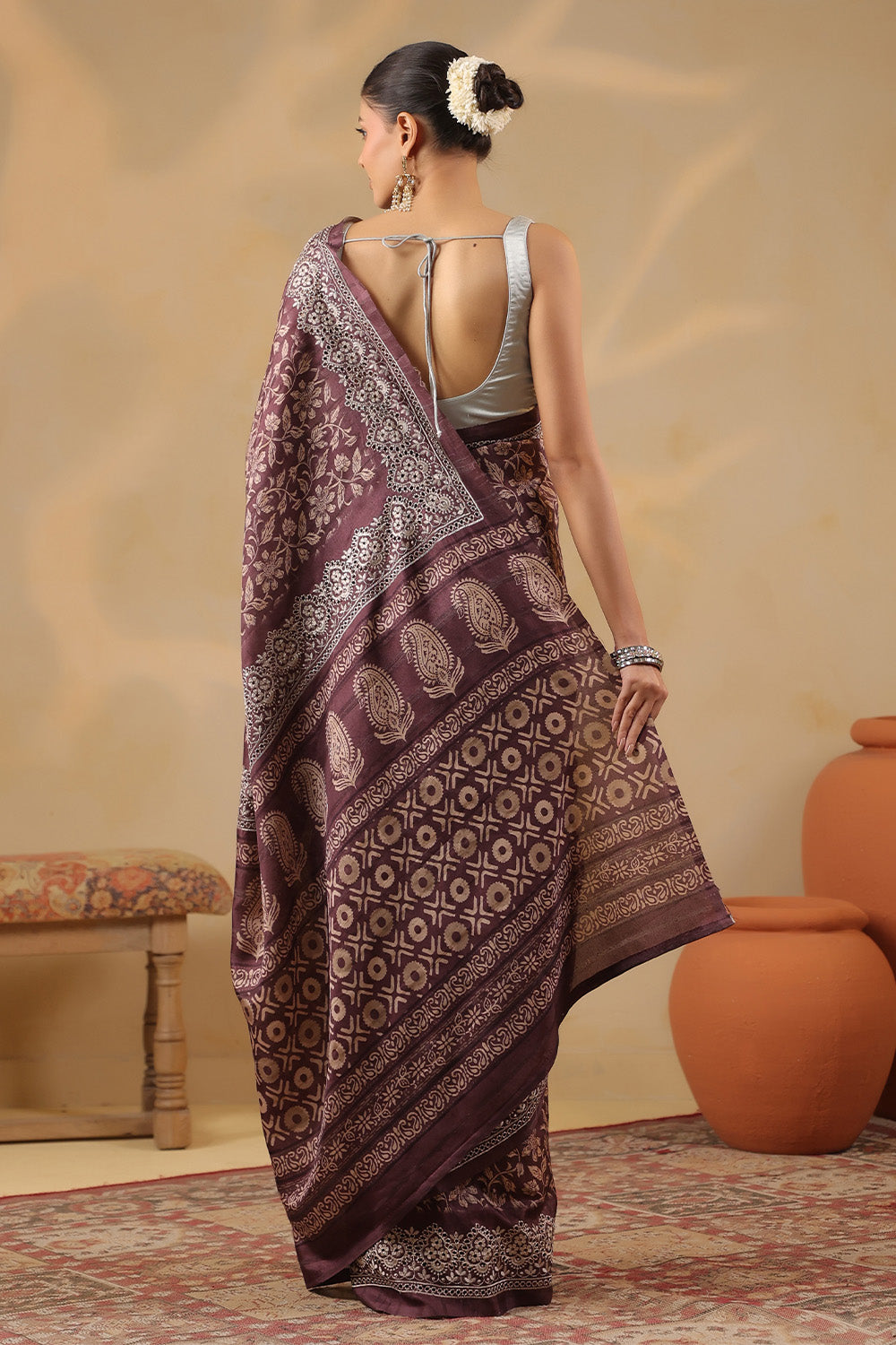 Brown Tussar Silk Printed Saree