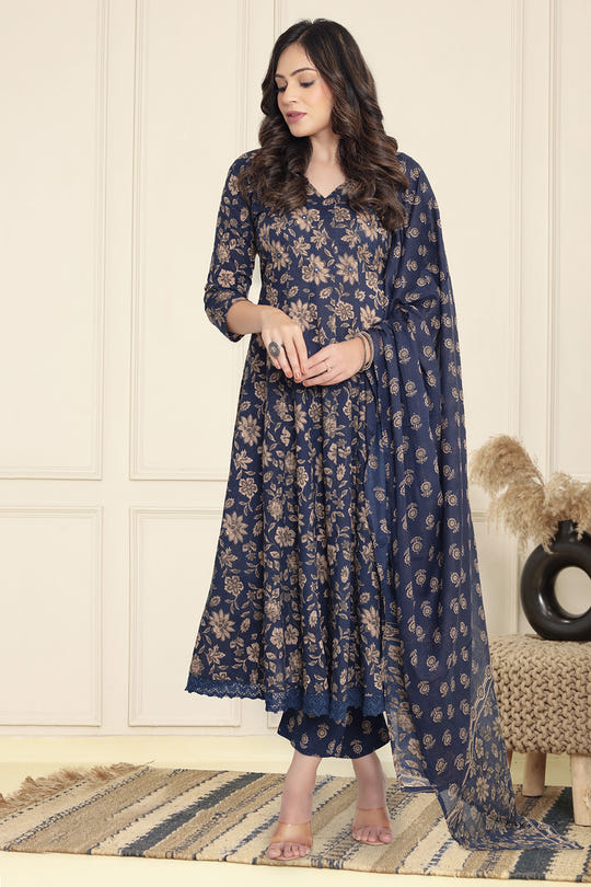 Navy Cotton Floral Printed Anarkali Suit Set