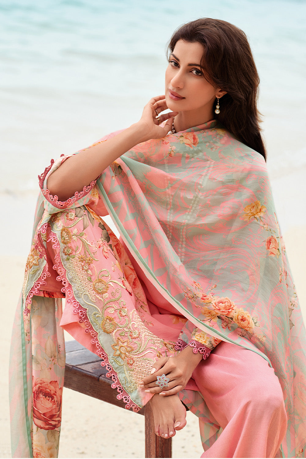 Pink Color Floral Printed Organza Tissue Suit