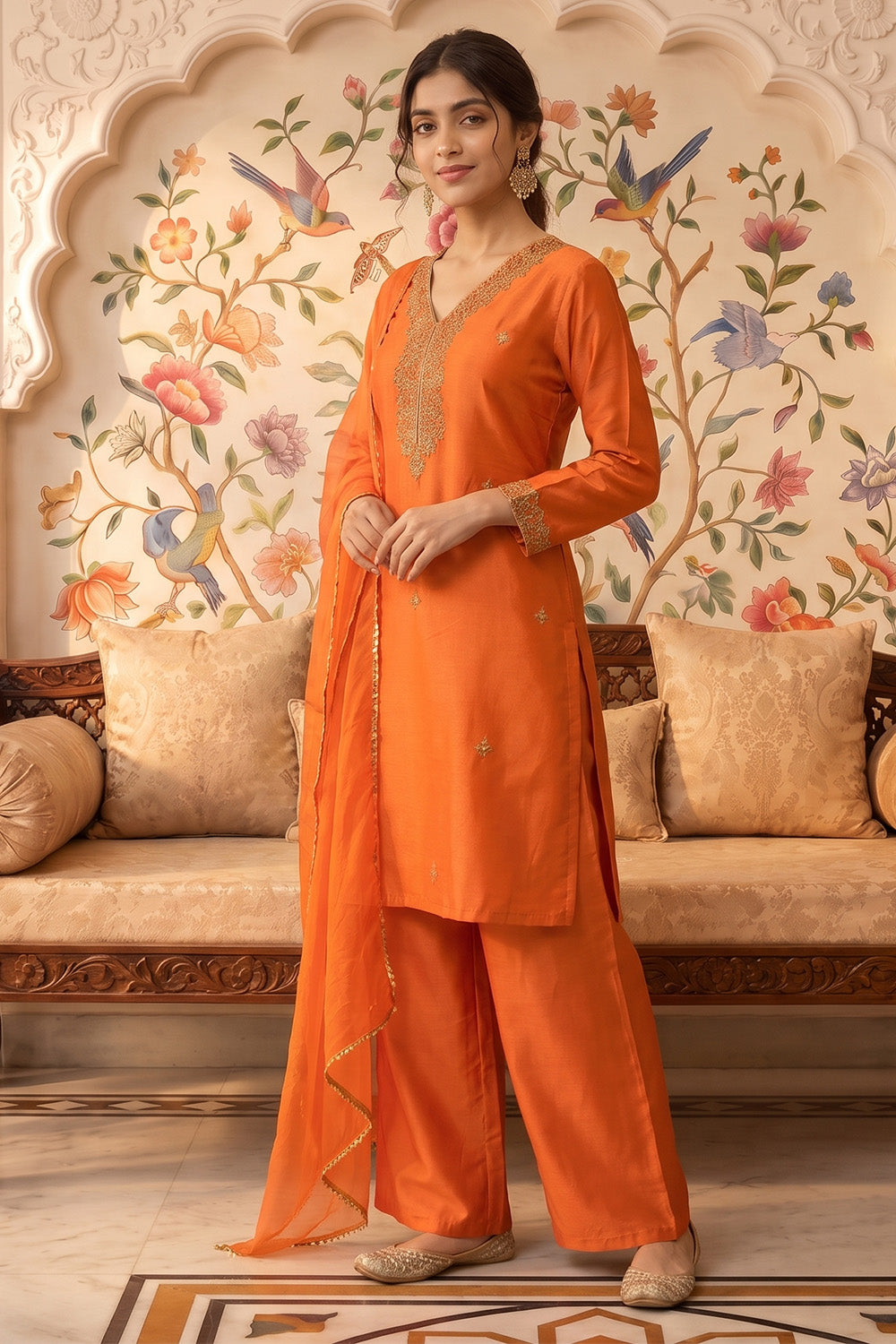Rust Neck-Embroidered Silk Straight Suit
