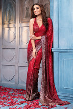 Red & Maroon Ombre Sequins Embroidered Georgette Saree