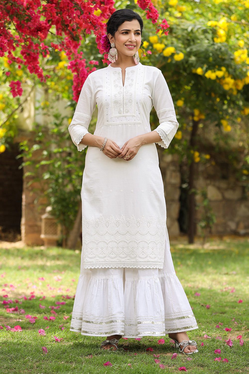 White Color Cotton Chikan Kari Work Suit With Gharara