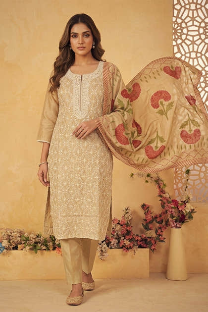 Beige Chanderi Resham And Sequins Embroidered Suit