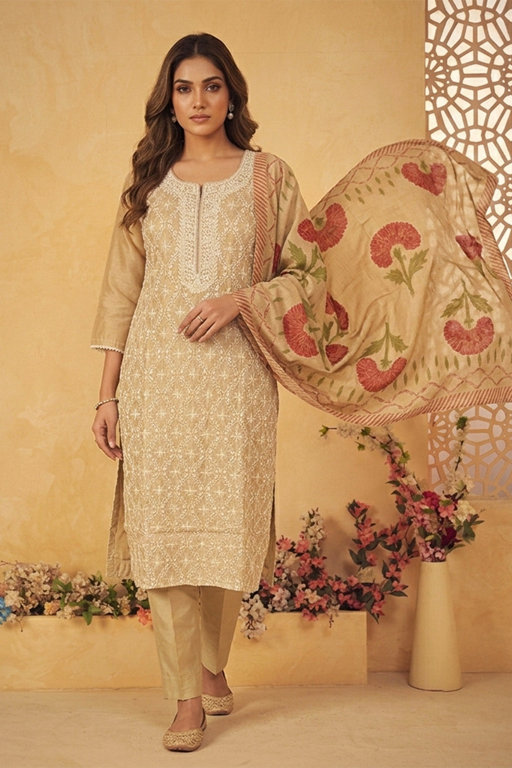 Beige Chanderi Resham And Sequins Embroidered Suit