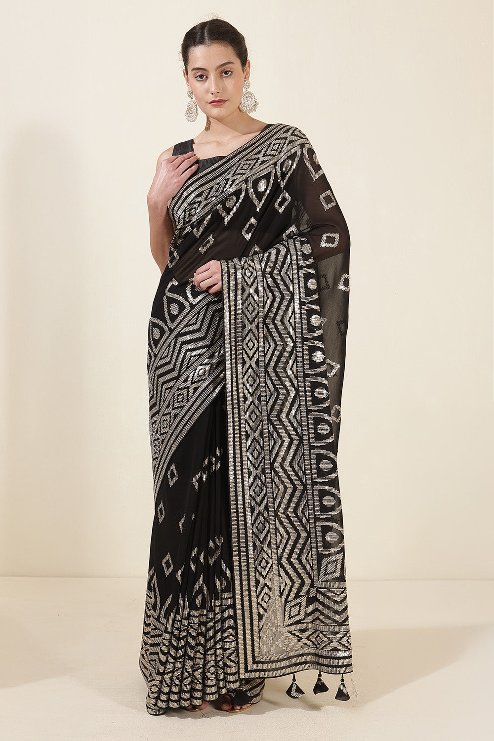 Black Color Georgette Sequins & Zari Embroidered Saree