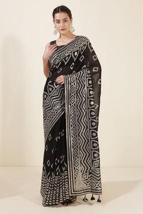 Black Color Georgette Sequins & Zari Embroidered Saree