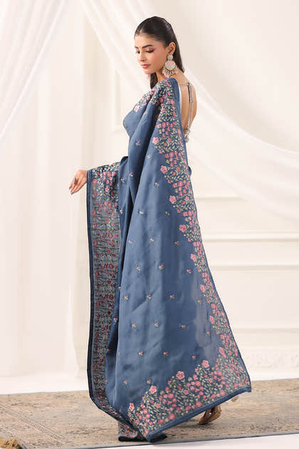 Greyish Blue Tussar Silk Resham Floral Embroidered Saree