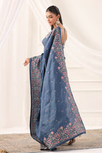 Greyish Blue Tussar Silk Resham Floral Embroidered Saree