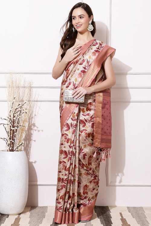 Beige Color Cotton Silk Floral Printed Saree